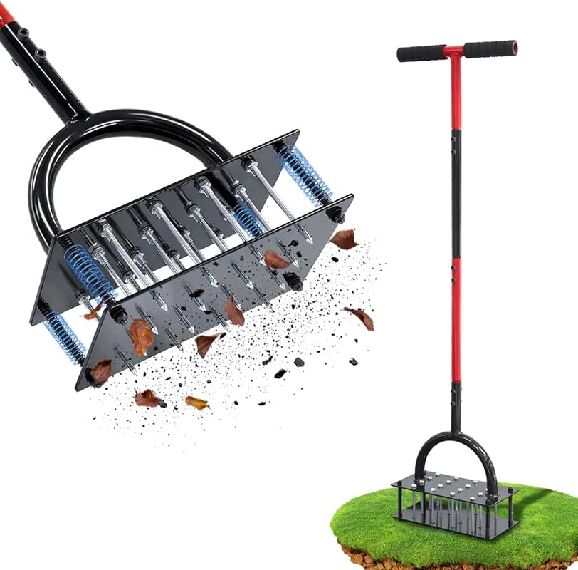 Lawn Aerator Tool with 16 Iron Spikes, Spring-Loaded & Adjustable T-Ha
