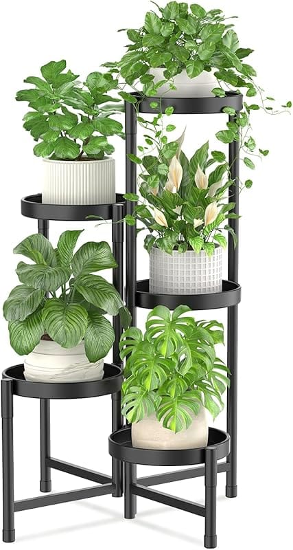 5 Tier Folding Corner Orchid Rack, Black Metal Display Shelf for Balco