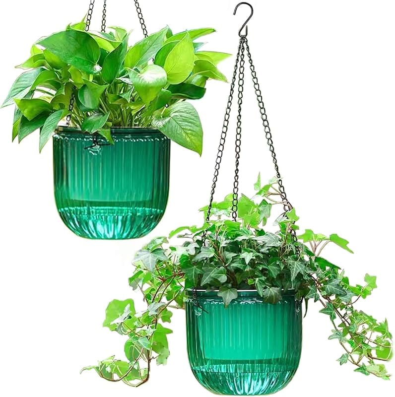 Melphoe 2 Pack 6.5 Inch Self Watering Hanging Planters with 3 Hooks, E