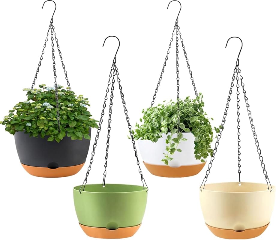 KPUVX 4 Pack 8 Inch Hanging Planters with Drainage Holes and Chain, Pl