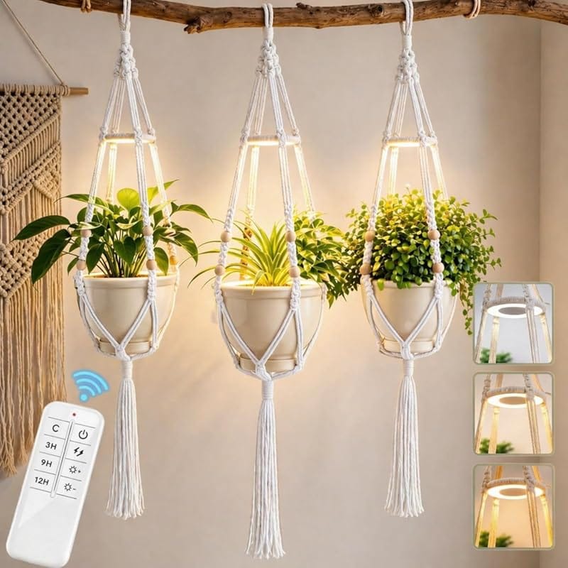 Huquary 3-Pack Macrame Plant Hanger with Boho Basket and Remote Grow L