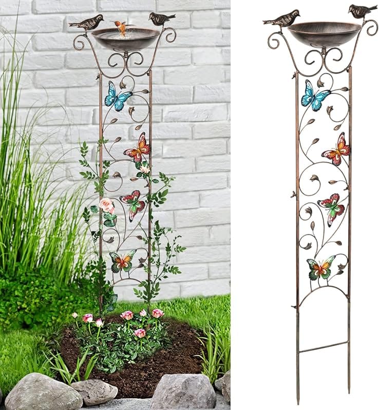 Antique Iron Garden Trellis with Bird Bath, 43.5 Inch Decorative Plant